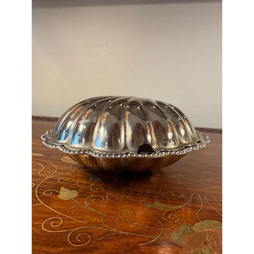 Vintage Clamshell Butter Dish • E&JL Silver Plate Server w/ Frosted Glass Insert